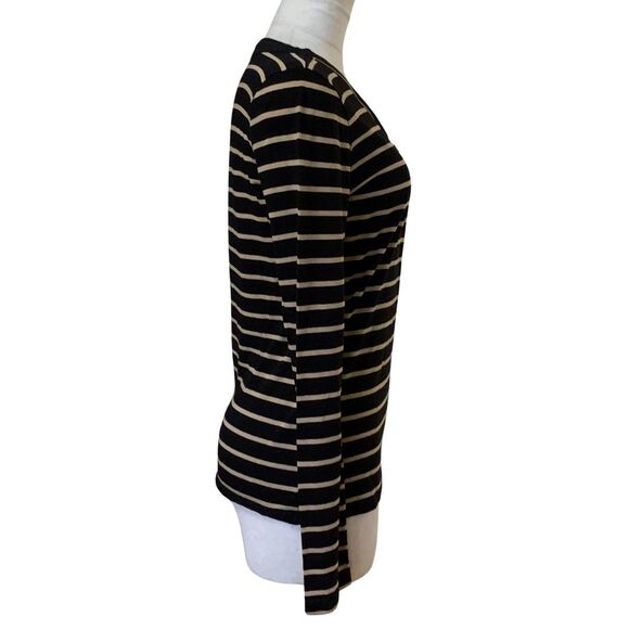 Anne Klein V-Neck Zip Front Long Sleeve Top Tan and Black Stripe Sweater Size S - Picture 7 of 10